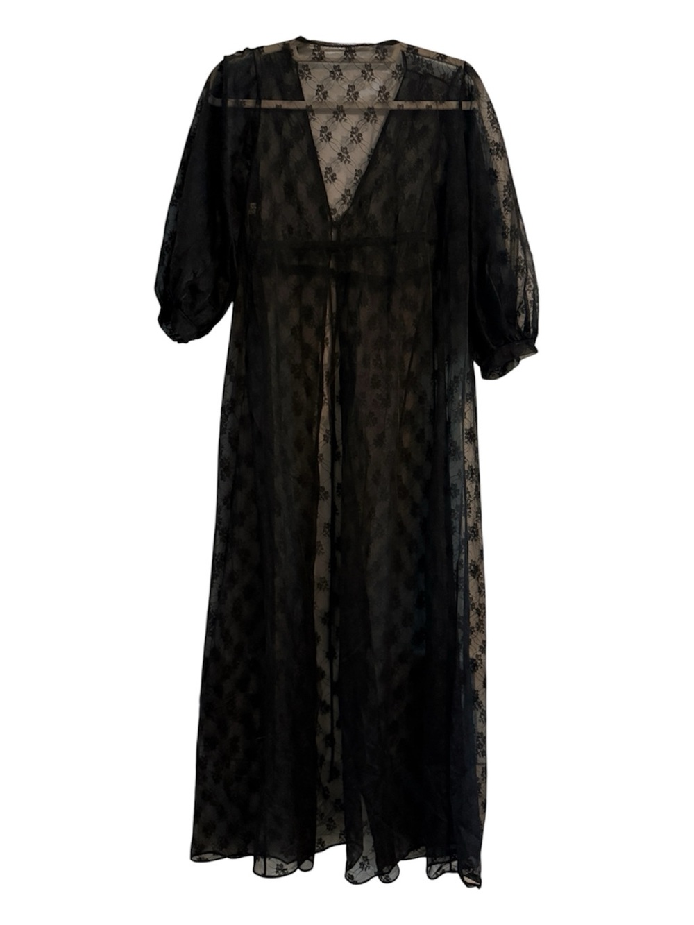 Vintage Lorraine Sheer Lace Long Nightie Jacket Robe Black Medium